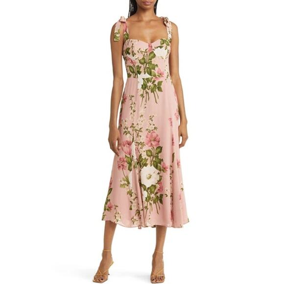 REFORMATION Nadira Tie Strap Midi Dress Floral Sweetheart Smocked Maxi Pink - Picture 4 of 16